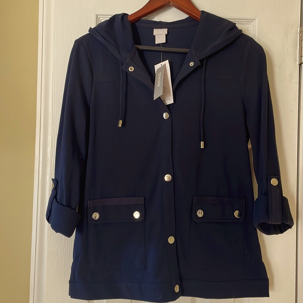 Nwt! Chicos Navy Blue “Zenergy” Silver Button Sweat Jacket